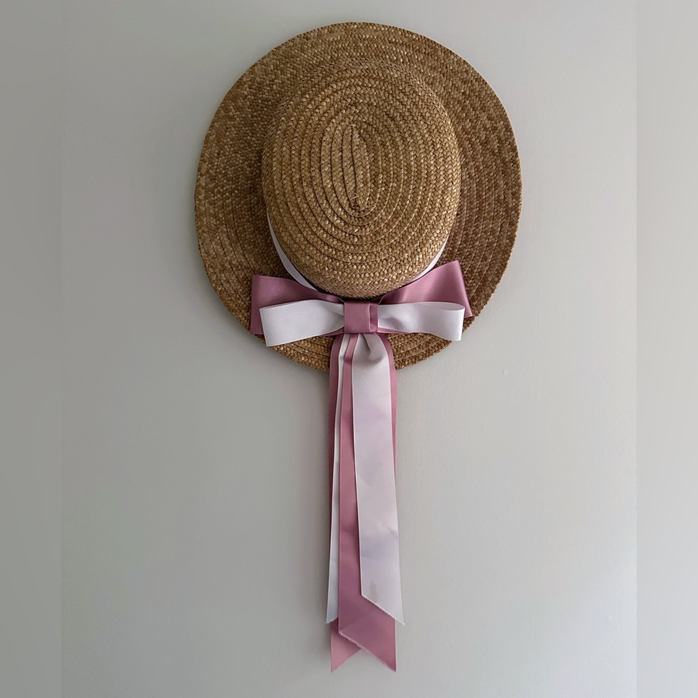 Laura Ashley Straw Boater Hat with Pink Ribbon